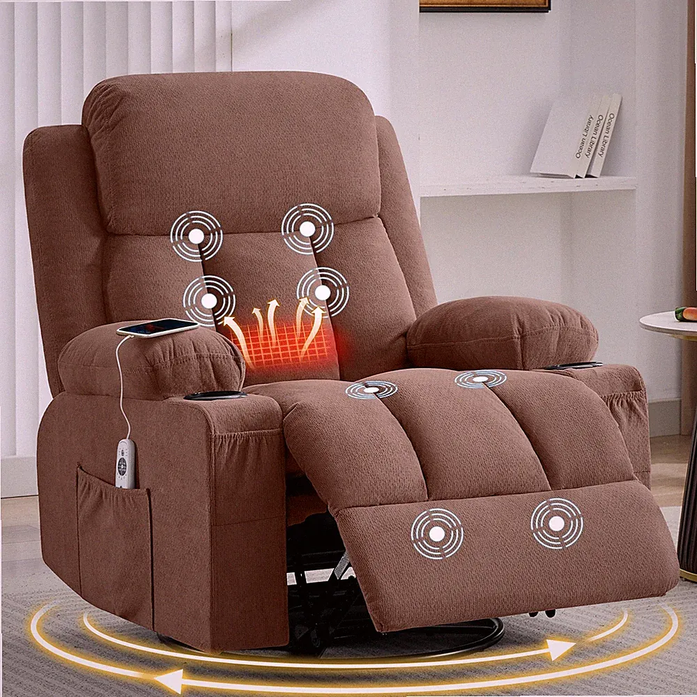 Swivel Rocker Recliner Chair w/Vibration Massage and Heat for Living Room Brown